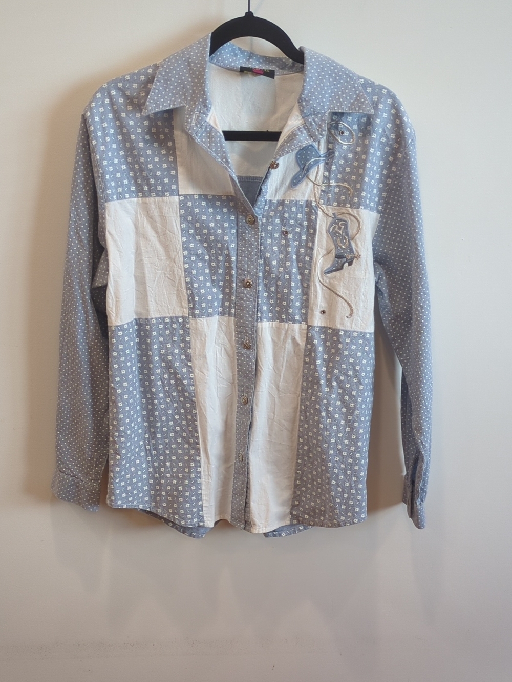 Y2K Vintage Western Cottage Wildfire Patchwork Floral Polka Dot Blue White Top